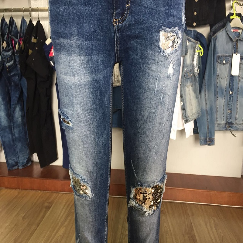 dames déchirer jean avec décoration de paillettes WSMC7056