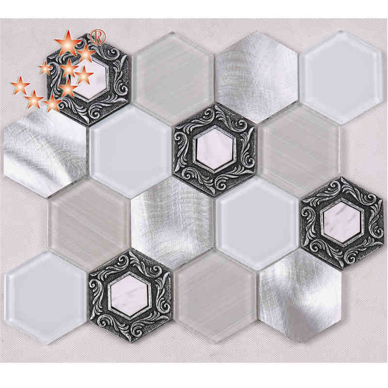 Alliage brossé Premium Tuiles Hexagone Décoratif En Verre Blanc Décoration Mur Mosaïque Restaurant