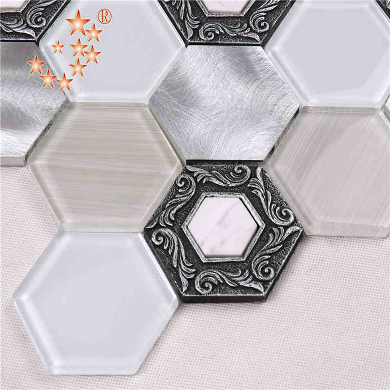 Alliage brossé Premium Tuiles Hexagone Décoratif En Verre Blanc Décoration Mur Mosaïque Restaurant