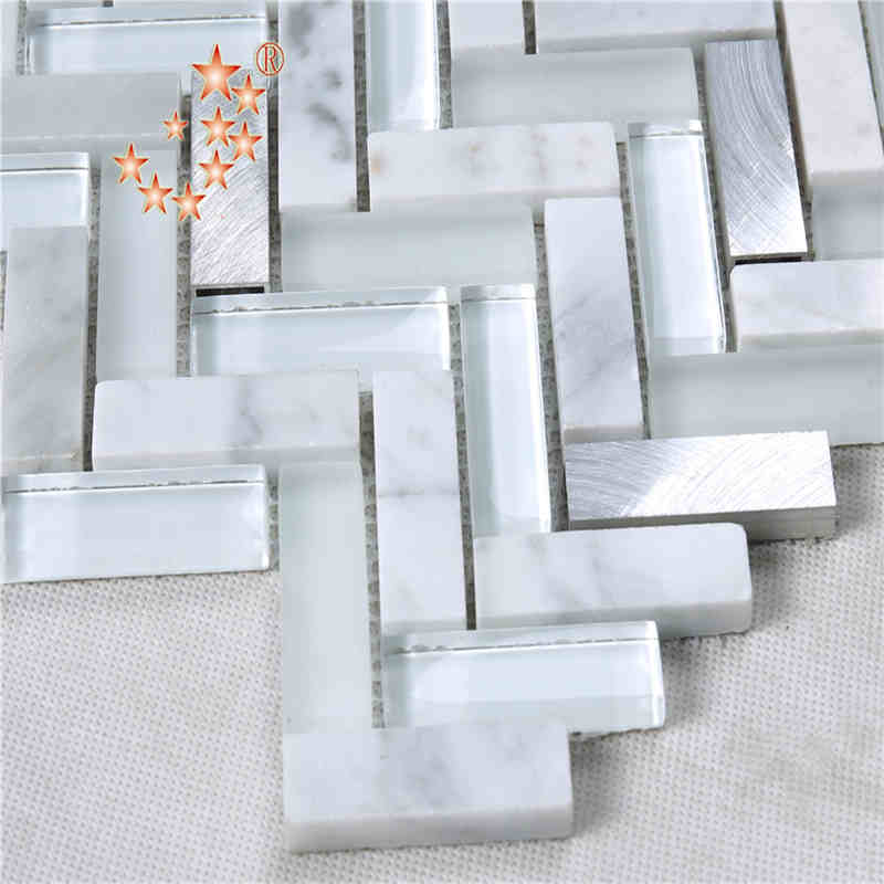 Forme de feuille ondulée en gros chevrons carreaux de mosaïque de verre blanc pour murs de salle de bain cuisine