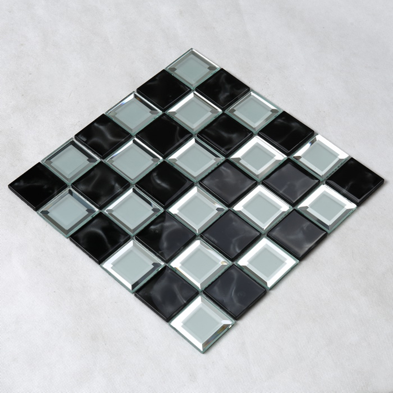Carrelage de mur de mosaïque de verre de miroir de bord de biseau noir et blanc de cuisine de salle de bains