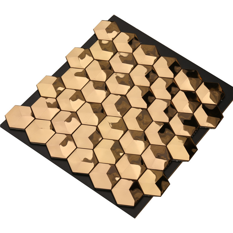 Le mur de luxe en métal d'hexagone d'or 3D dalle le décor d'art