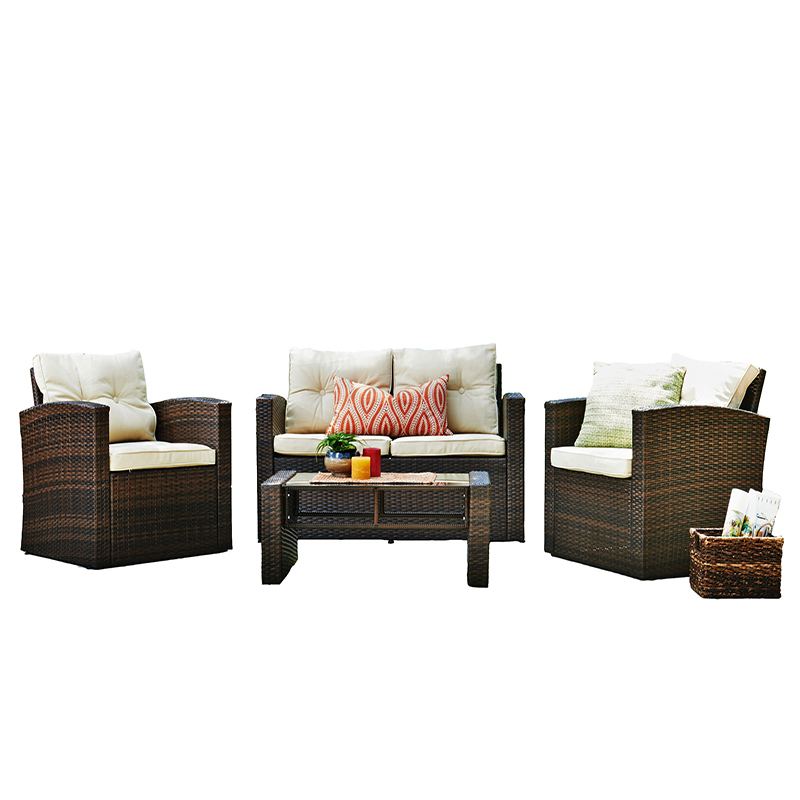 Ensemble de conversation en osier avec rotin 4pcs, coussins résistants aux intempéries et plateau en verre trempé (brun foncé)