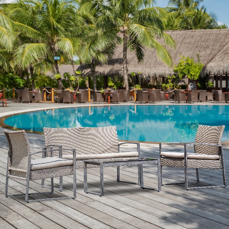 4 Pièce En Plein Air Conversation Ensemble Patio Jardin Piscine Pelouse En Rotin En Osier Causeuse Canapé Coussin Siège Et En Verre Haut Table Basse Meubles Ensemble