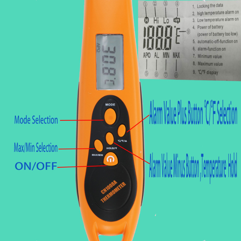 Alarme d'alarme de température élevée / basse en forme de pic-de-pie Thermomètre de sécurité alimentaire aseptique haute performance avec sonde pliée