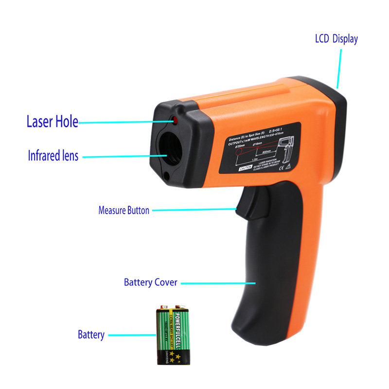 Thermomètre infrarouge Pyromètre -50 ~ 1600 émissivité de contact de pistolet de température laser réglable