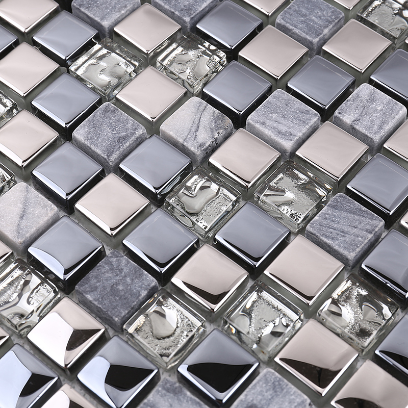 Haute Qualité Dernière Conception Cristal Verre Cristal Mosaïque Mix Pierre Métal Pour Cuisine Dosseret Tuile Murale Noir Brillant