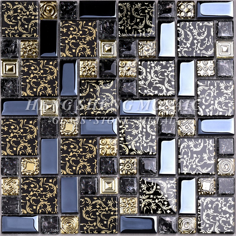 HDT02 Arabesque Nouveau Design Ligne Or Laminé Verre Noir Art Fleur Mosaïque Motif Carreaux Pour La Cuisine Dosseret Mur