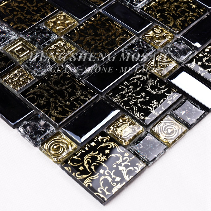 HDT02 Arabesque Nouveau Design Ligne Or Laminé Verre Noir Art Fleur Mosaïque Motif Carreaux Pour La Cuisine Dosseret Mur