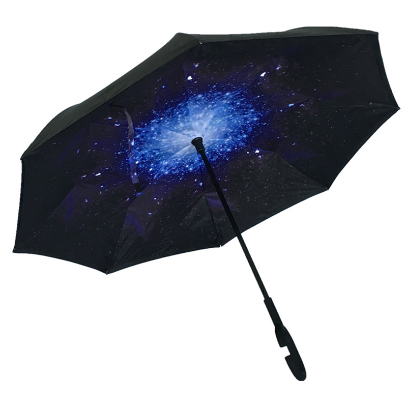 Parapluie de marketing forme C poignée personnalisée double couche parapluie pluie inverse droit