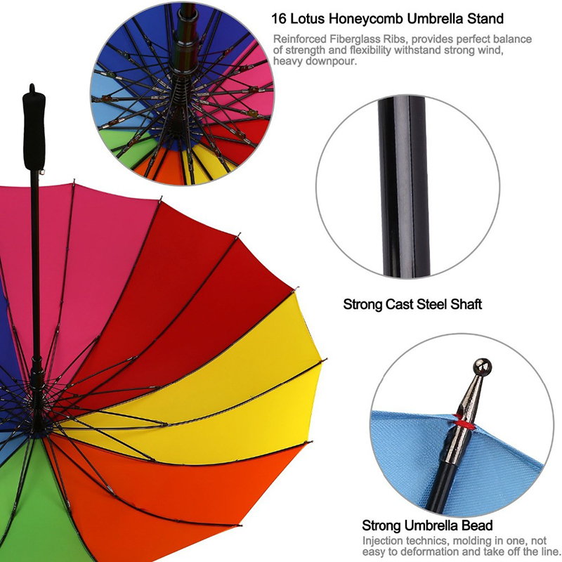 Cadre de parapluie de promotion ouvert automatique de 16 côtes Rainbow color parapluie droit personnalisé personnalisé