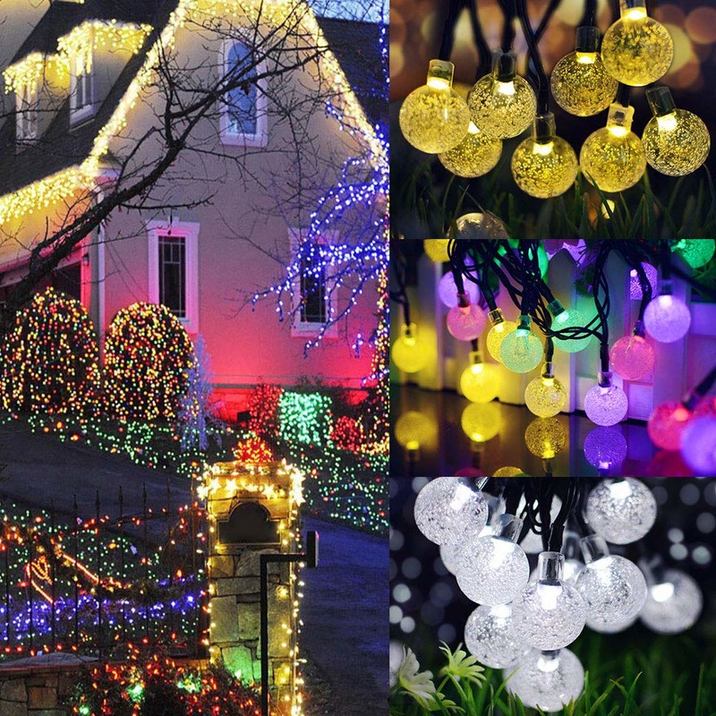 chaîne de lampe solaire 50 LED sphère de cristal de bulle 7 m / 23 ft 8 mode lumières de fée de noël convient pour extérieur paysage de Noël jardin cour famille vacances chemin pelouse partie décoré de lumières blanches