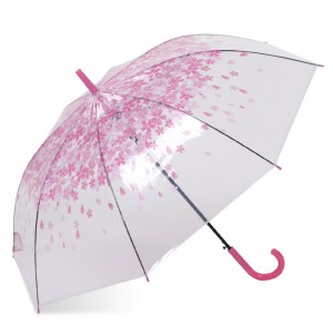 sakura rose 23 '' 8k auto ouvert plastique J poignée transparente poe parapluie droit