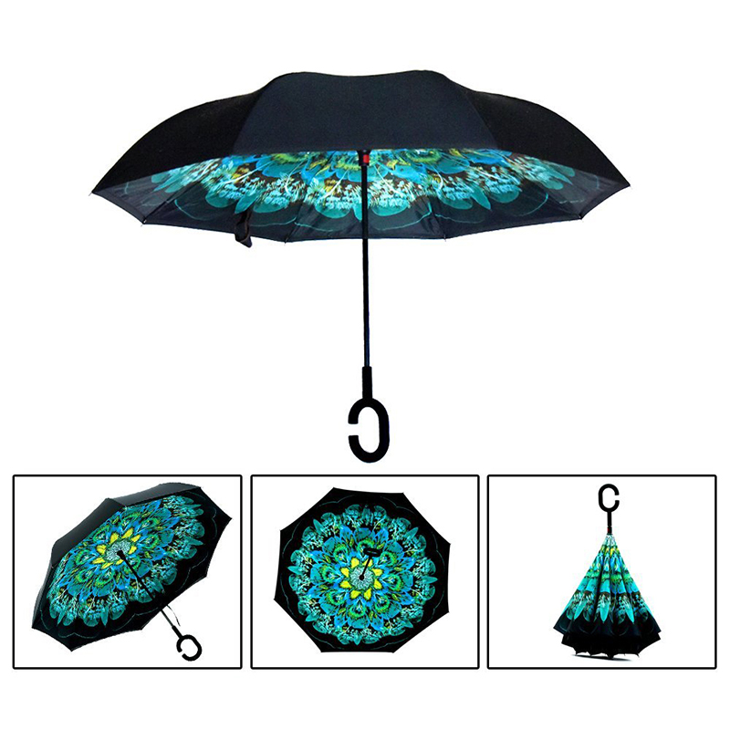 2019 nouvelle conception double couches à l'intérieur de la fleur d'impression inversé parapluie droit à l'envers