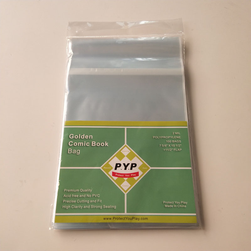 Sac de bande dessinée doré refermable poly clair, poly