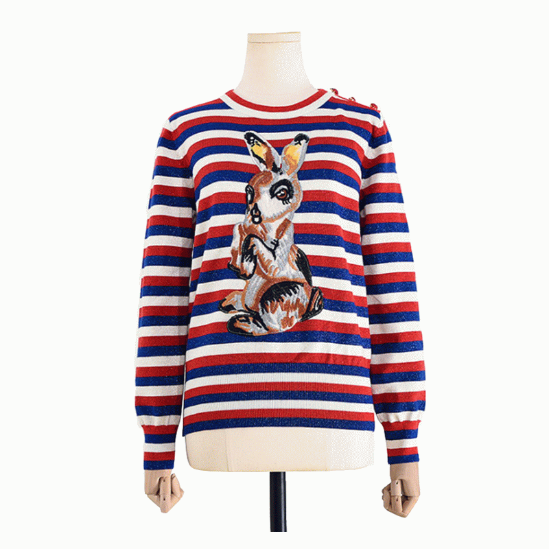100% coton pull rayé jacquard patch lapin en tricot femmes