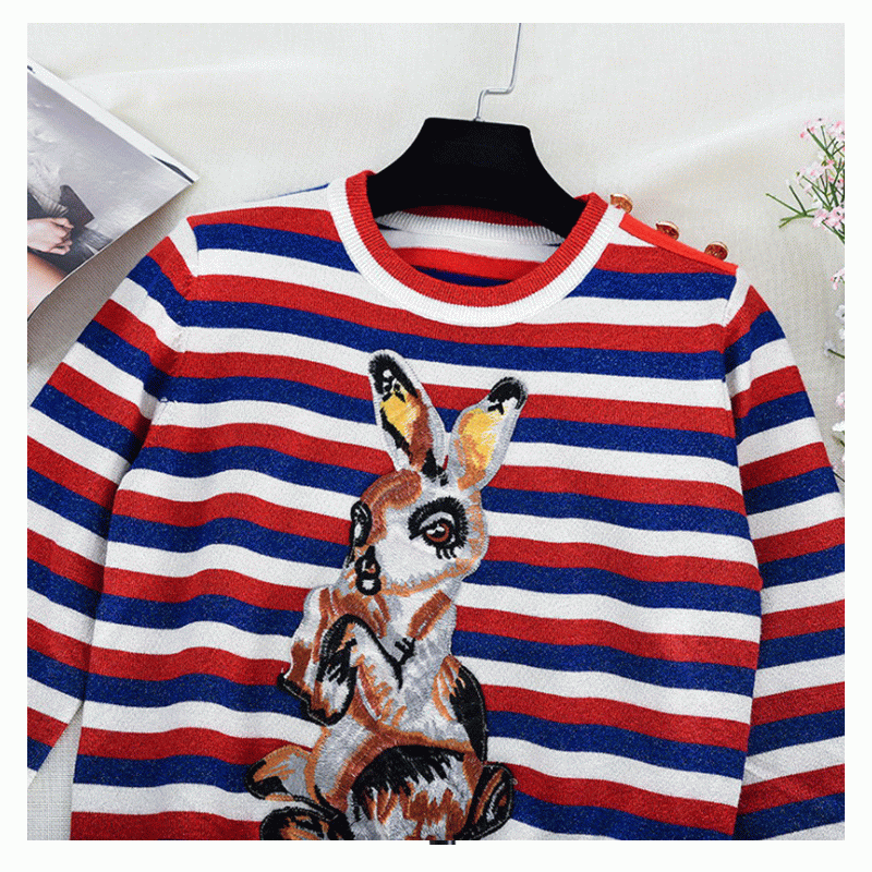 100% coton pull rayé jacquard patch lapin en tricot femmes