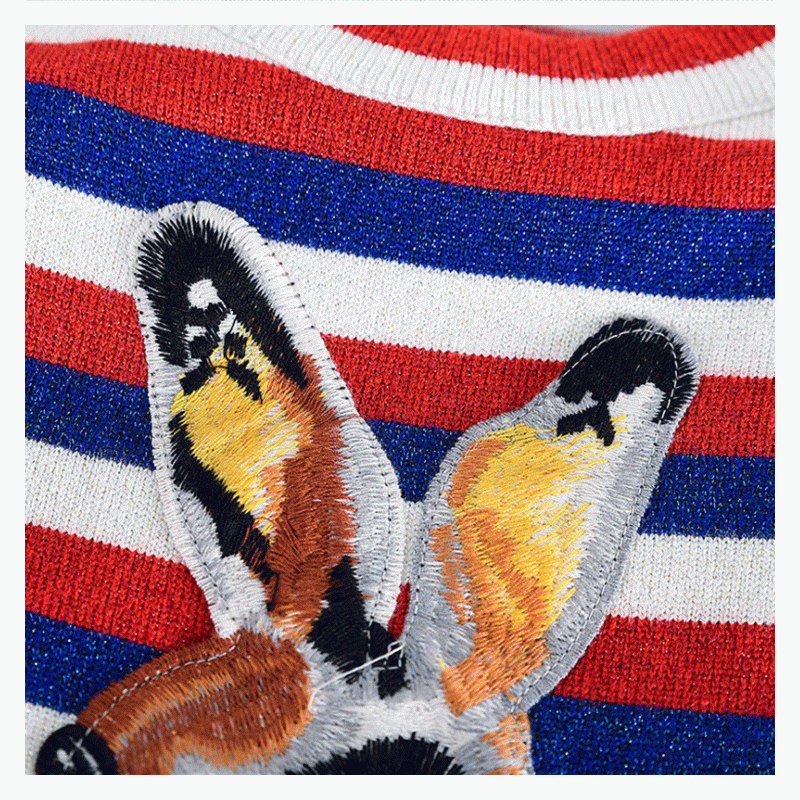 100% coton pull rayé jacquard patch lapin en tricot femmes