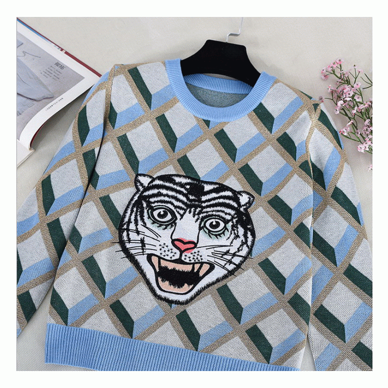 Nouvelle arrivée tigre tête jacquard tops dames hiver automne pull pull