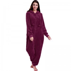 Pyjama Onesie Femme Rouge À Capuche Avec Oreilles Animales