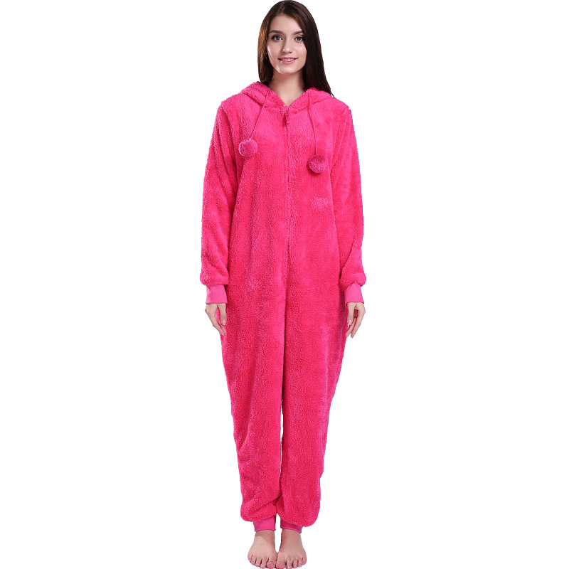 Pyjama Femme Rose Chaud À Capuche Avec Oreilles Animales
