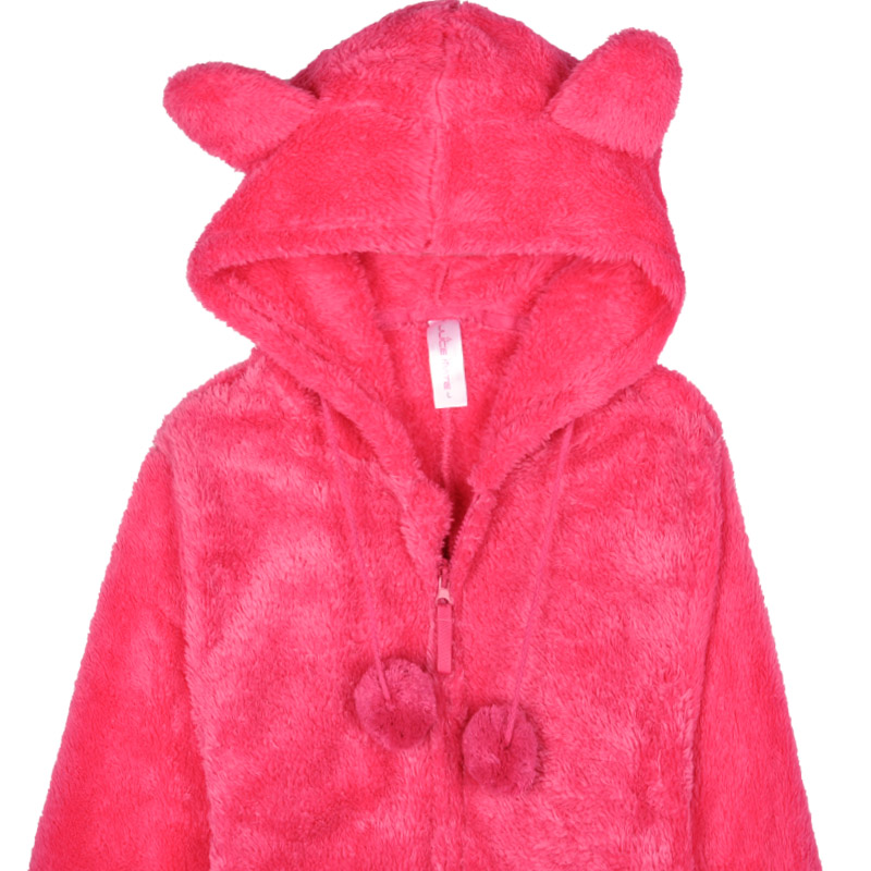 Pyjama Femme Rose Chaud À Capuche Avec Oreilles Animales