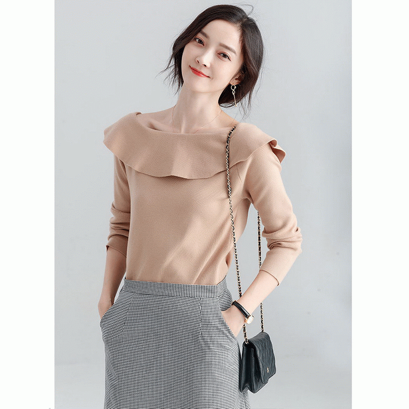 100% coton Pull à col montant et à volants pour femme