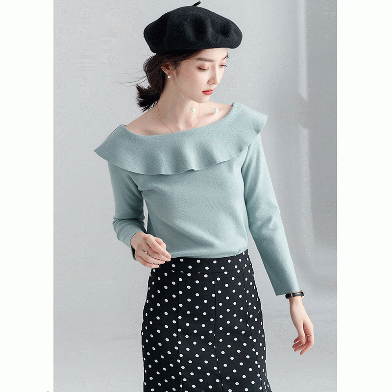 100% coton Pull à col montant et à volants pour femme