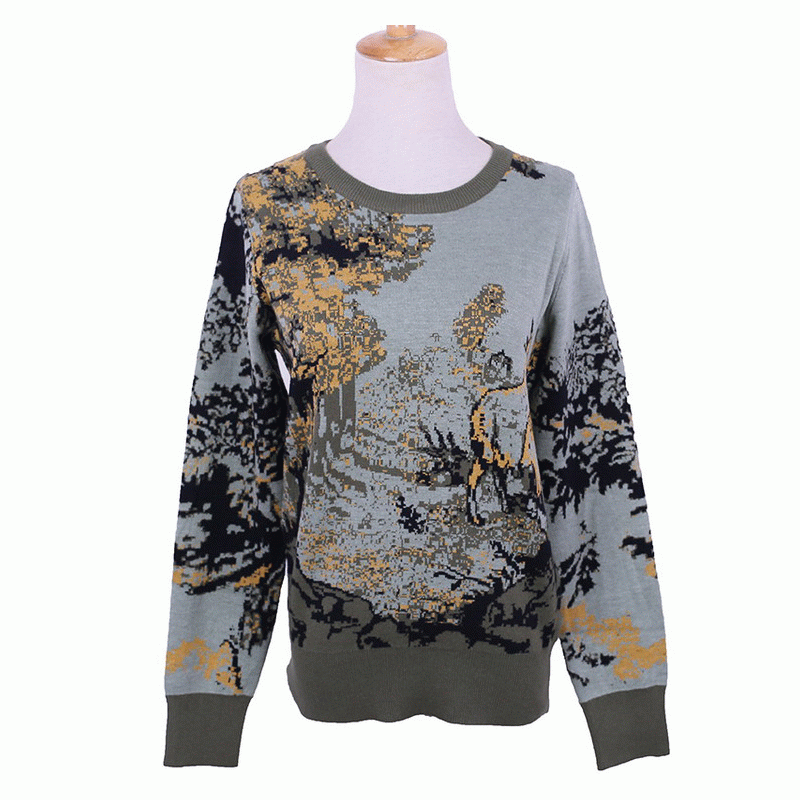 Dames vertes de chandail de pull-over de jacquard d'armée de laine d'ODM 100% d'OEM fait sur commande de laine