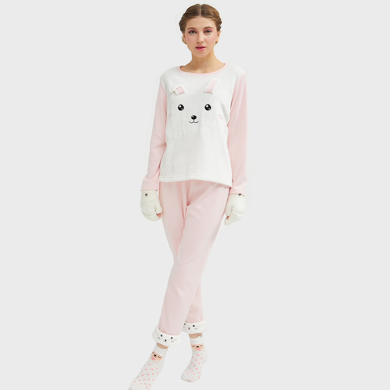 Ensemble de pyjamas de chat en broderie animale en molleton pour femmes