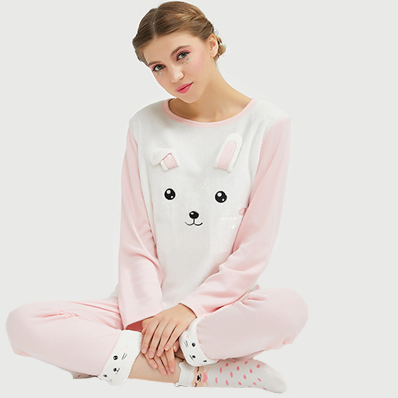 Ensemble de pyjamas de chat en broderie animale en molleton pour femmes