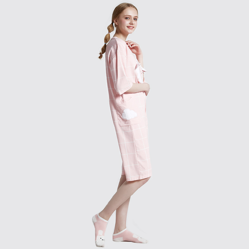 Ensemble de pyjama brodé en jersey de coton imprimé rose pour femmes