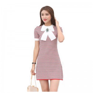 Ajustement d'été grande papillon noeud stripe plaids femmes robe pull moulante