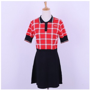 Design personnalisé col polo manches courtes contraste couleurs plaids bureau dames pull robe en tricot