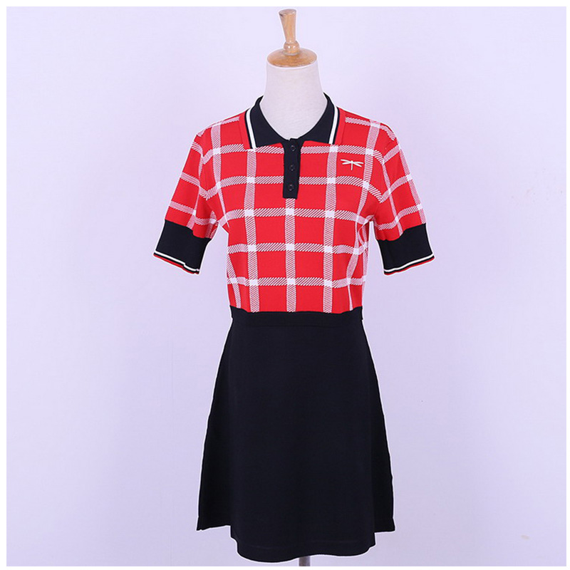 Design personnalisé col polo manches courtes contraste couleurs plaids bureau dames pull robe en tricot