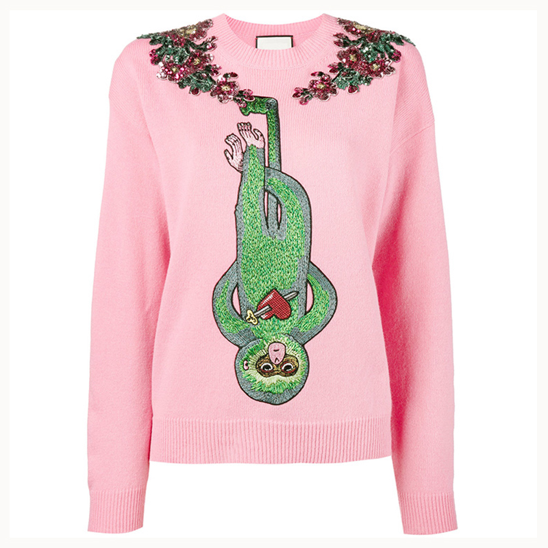 Dames drôles de singe appliques perlées décorées pulls pull ras du cou