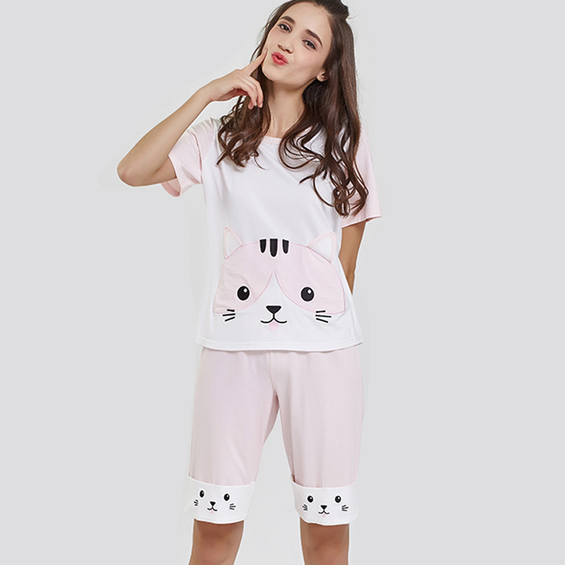 Ensemble de pyjama à broderie de chat en tissu modal pour femmes