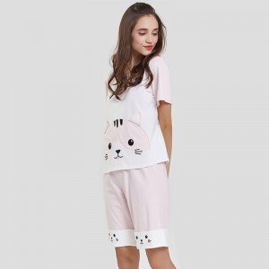 Ensemble de pyjama à broderie de chat en tissu modal pour femmes