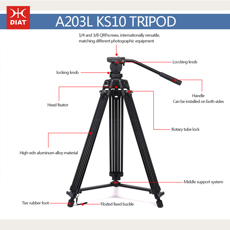 Trépied de support vidéo numérique en alliage d'aluminium Diat A203L KS-10, 1,8 mètre de haut, 3 sections