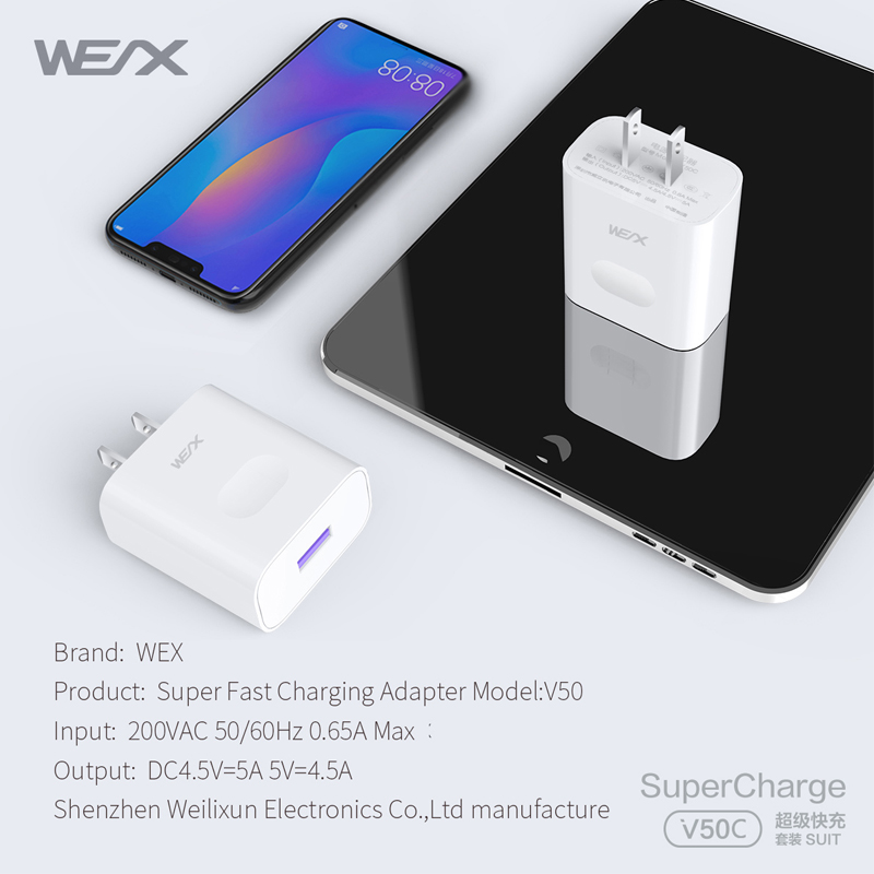 WEX - V50C 22,5W HUAWEI Adaptateur secteur Chargeur, chargeur mural, chargeur de voyage couplé avec un câble 5A