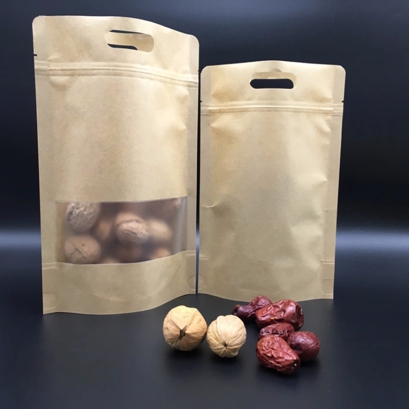 Papier en cuir de boeuf debout sac, avec fermeture éclair et poignée de coupe, applicable aux noix, aux jupes et autres fruits secs.