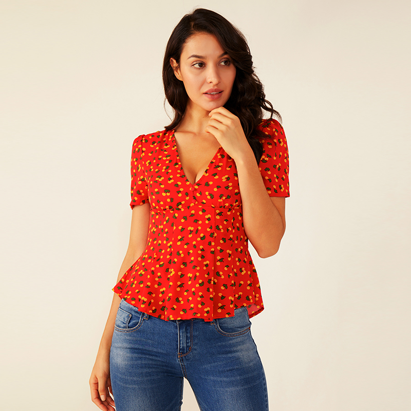 Blouse à imprimé floral plissé à volants d'été pour femmes