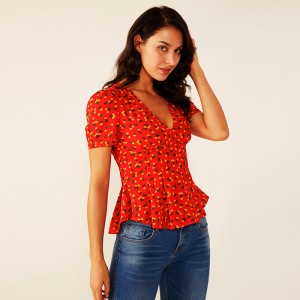 Blouse à imprimé floral plissé à volants d'été pour femmes