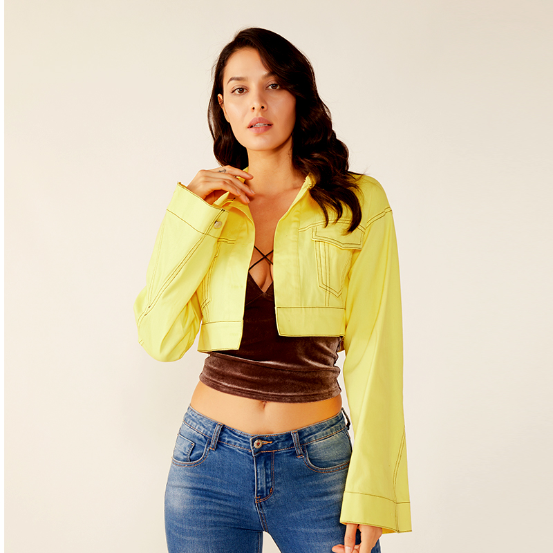 Veste courte sexy en néon à manches longues jaune