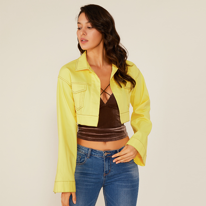 Veste courte sexy en néon à manches longues jaune