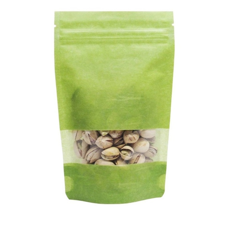 Sacs en papier de riz verts rescellables sans impression avec fenêtre