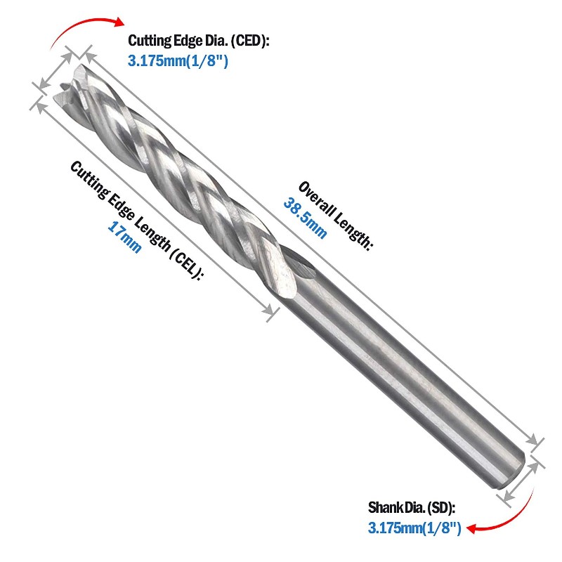 Fraises en bout 1/8 CNC 8 fraises en spirale Upcut pour fraises en tungstène, outils de coupe du bois, 17mm CEL, OAL de 38,5mm pour contreplaqués de densité pour panneau de densité et de densité de pvc acrylique