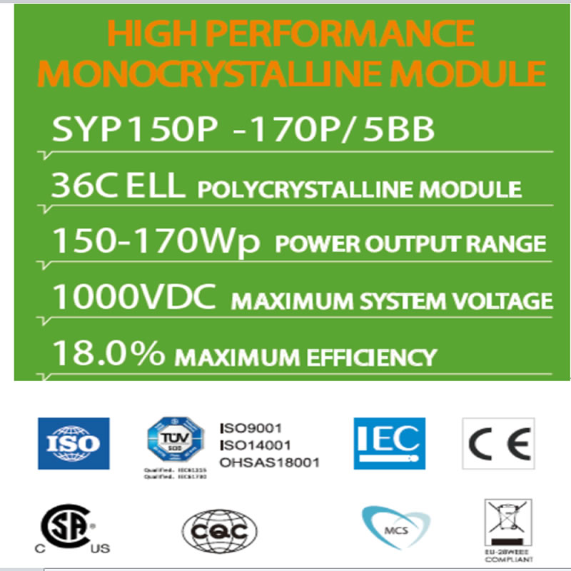 MODULE MONOCRISTALLIN HAUTE PERFORMANCE MODULE POLYCRISTALLIN ELL 36C SYP150P -170P / 5BB