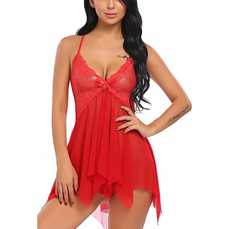 Lingerie Femme Dentelle Babydoll Col V Vêtements de Nuit Strap Chemise rose-team