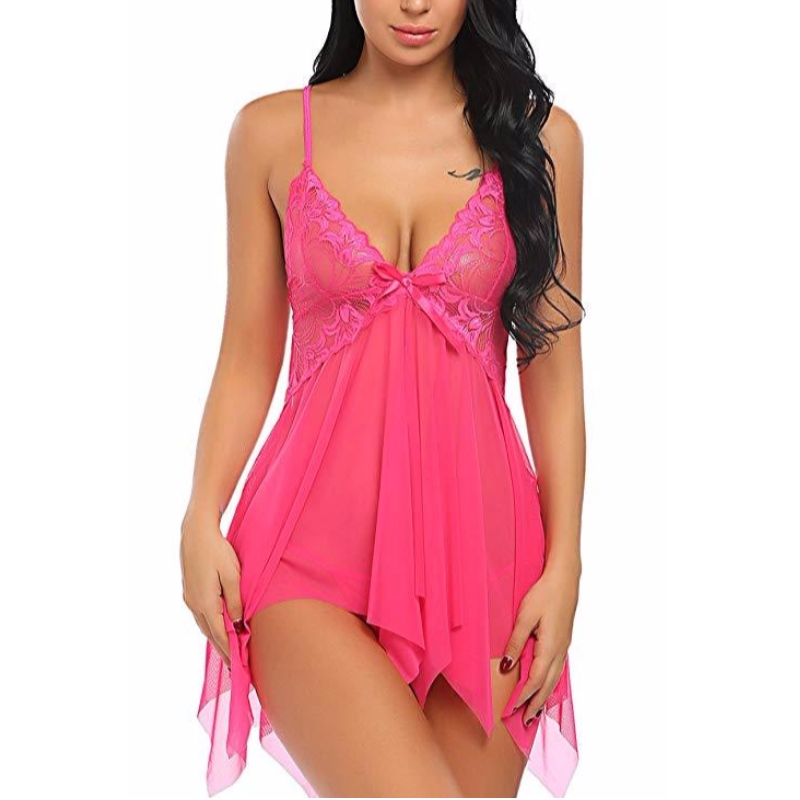 Femmes Lingerie Sexy Dentelle Babydoll Col V Robe de Nuit Strap Nuisette en plusieurs couleurs rose-team